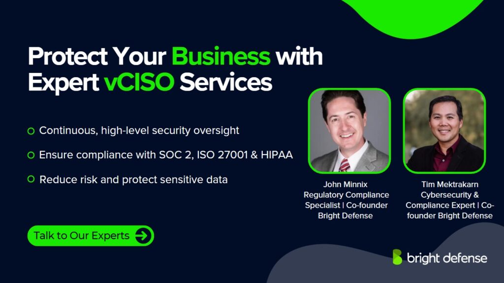 Bright Defense slide for expert future of vCISO services, featuring security compliance details and photos of co-founders John Minnix and Tim Mektakram