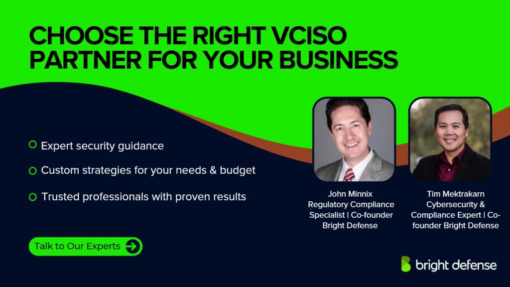 Bright Defense slide for expert future of vCISO services, featuring security compliance details and photos of co-founders John Minnix and Tim Mektakram