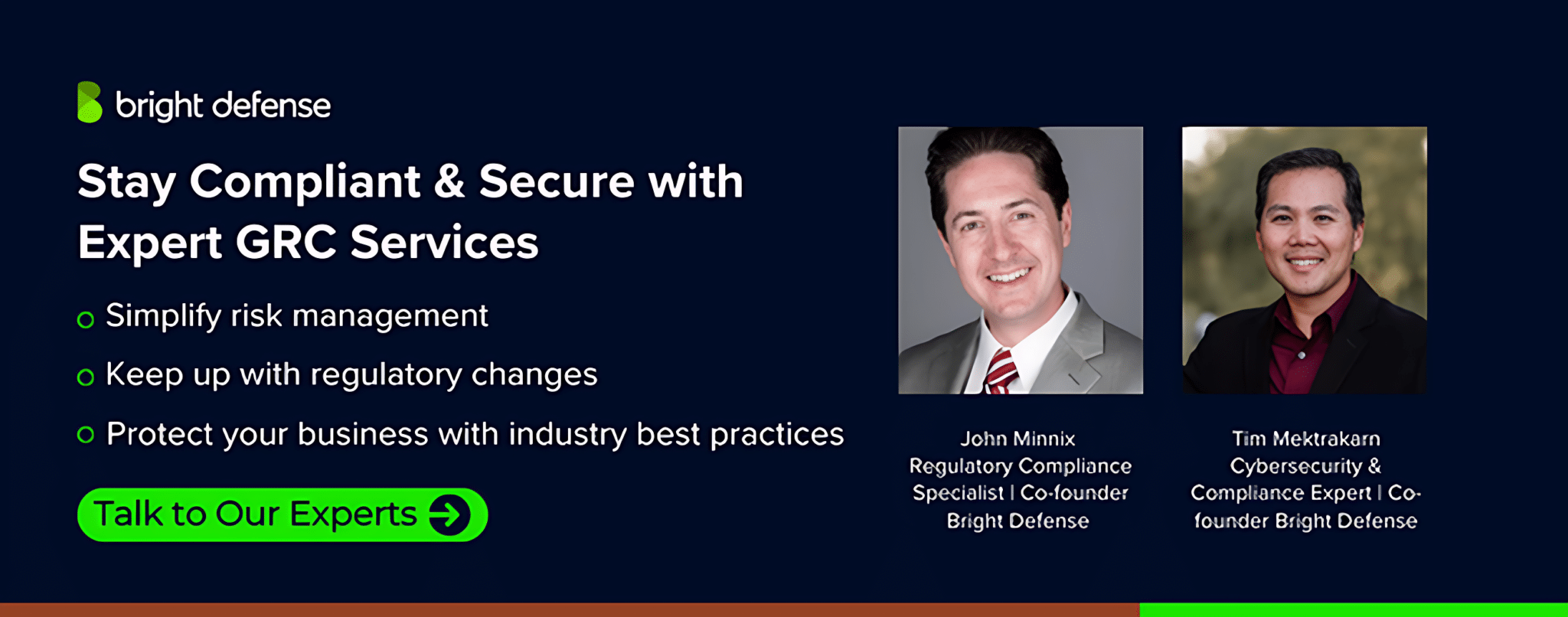 Bright Defense compliance and security services banner featuring two experts, highlighting risk management, regulatory compliance, and industry best practices with a 'Talk to Our Experts' call-to-action button.