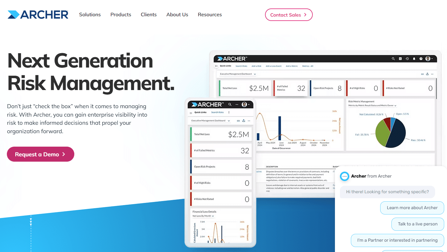 Screenshot of the Archer homepage showcasing an operation management platform. The design includes financial and analytics dashboards with key metrics and graphs. A "Contact Sales" button is visible in the top right corner.