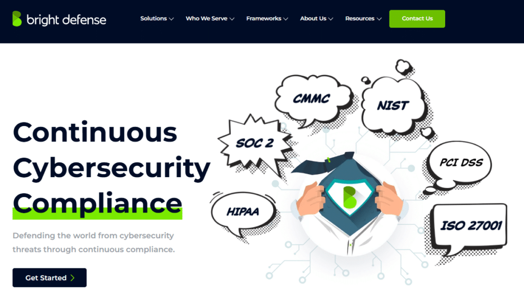 Screenshot of Bright Defense homepage displaying a cybersecurity compliance service. The banner highlights "Continuous Cybersecurity Compliance" with compliance standards such as NIST,