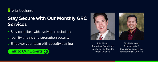 Bright Defense banner promoting monthly GRC services with key benefits, expert co-founders, and a 'Talk to Our Experts' CTA